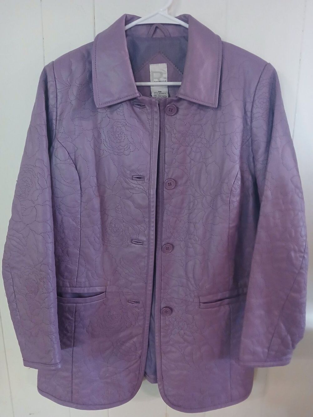 Vintage Roaman's 100%  Leather Jacket Purple Floral Stitched 14W  Boho Embroider
